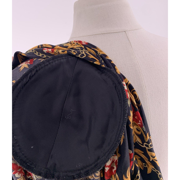 Vintage Silk Blouse Black Gold Key Baroque Chain Floral Print Top Saks 12 - Picture 12 of 14